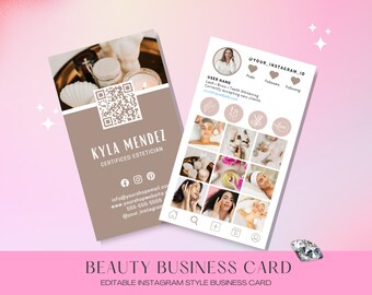 May include: A beauty business card with a brown background and a QR code. The card features the name "KYLA MENDEZ" and the text "CERTIFIED ESTETICIAN". The card also includes social media icons for Facebook, Instagram, and email. The card also includes the text "info@yourshopemail.com", "www.yourshopwebsite.com", "565-555-5555", and "@your_instagram".