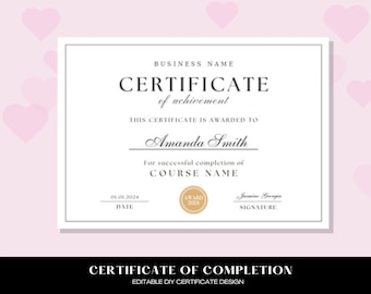Certificate Of Completion Template, Printable Lash Artist Certificate, Editable Training Certificate Template, Canva Template DIY