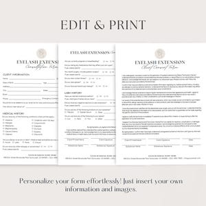 May include: Editable eyelash extension consultation form with client information, medical history, and lash history sections. The form includes checkboxes, text fields, and a signature line.
