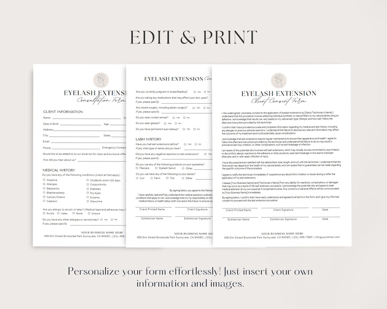 May include: Editable eyelash extension consultation form with client information, medical history, and lash history sections. The form includes checkboxes, text fields, and a signature line.