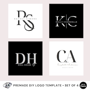 May include: Set of four premade DIY logo templates featuring black and white initials with text. The logos are in a minimalist style and are perfect for a variety of businesses.