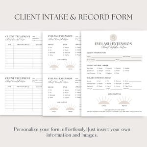 May include: A printable client intake and record form for eyelash extensions. The form includes sections for client information, natural lash details, eyelash extension design, and lash mapping. The form has a minimalist design with a light brown color scheme.