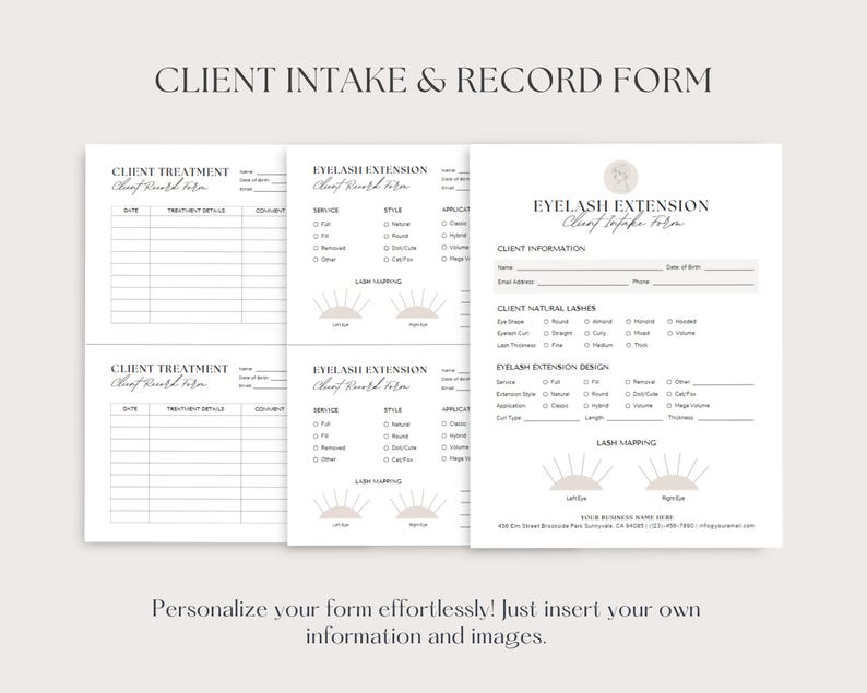 May include: A printable client intake and record form for eyelash extensions. The form includes sections for client information, natural lash details, eyelash extension design, and lash mapping. The form has a minimalist design with a light brown color scheme.