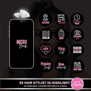 May include: A set of 12 black and pink Instagram highlight covers for a hair stylist. The covers feature icons and text such as "Location", "Our Website", "Business Hours", "Shop", "Customer Cam", "Client Love", "Price List", "Deadlock", "Passion Twists", "New Arrivals", and "Book Now".