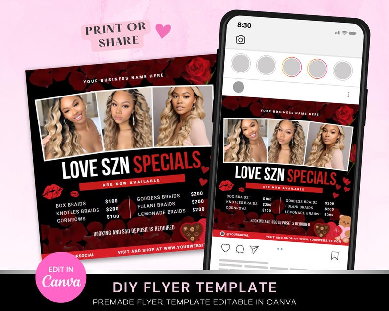 Valentines Day Hair Sale Flyer, February Flyer, Boutique Flyer, Braids ...