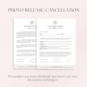 May include: Two printable forms, one for photo release and one for cancellation, with a floral design and the text "Photo Release/Cancellation".