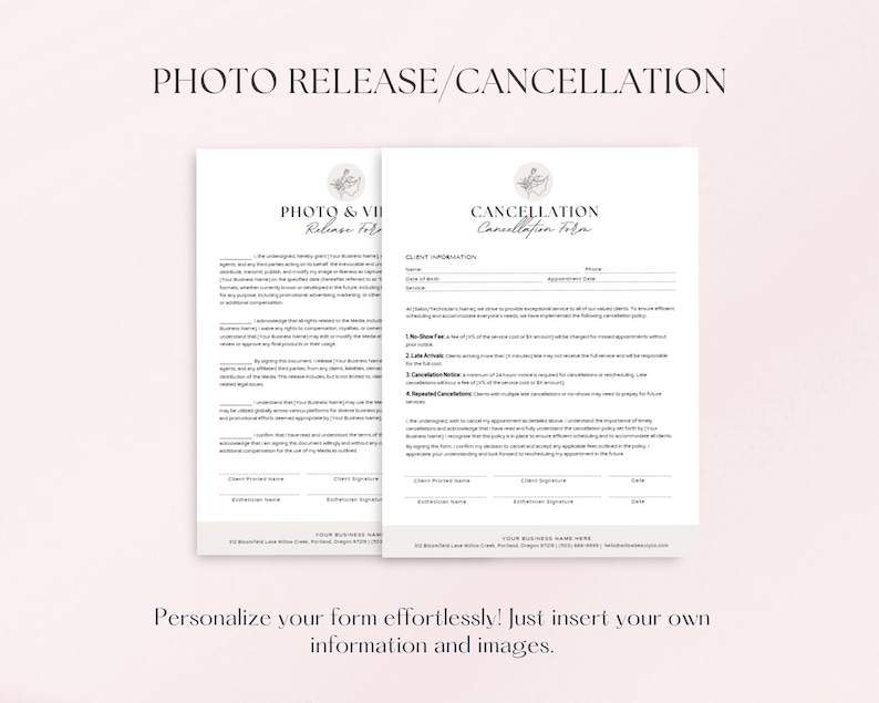 May include: Two printable forms, one for photo release and one for cancellation, with a floral design and the text "Photo Release/Cancellation".