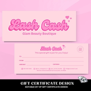 DIY Gift Certificate, Lash Cash, Canva Template, Gift Voucher Pink, Gift Card, Beauty, Hair, Lashes, Salon, Nails, Makeup, Spa, Boutique