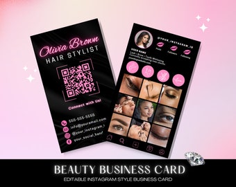 Instagram Business Cards, DIY Canva Template Design, Black And Pink Lash Card, MUA Salon Cards, Premade Lash Beauty Business Card 2024