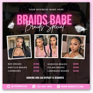Braids Specials Flyer, DIY Flyer Template Design, Braids Appointment Flyer, Now Booking Flyer, Lash, Hair, Makeup, Nails, Wig, Braid Flyers