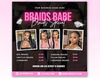 Braids Specials Flyer, DIY Flyer Template Design, Braids Appointment Flyer, Now Booking Flyer, Lash, Hair, Makeup, Nails, Wig, Braid Flyers