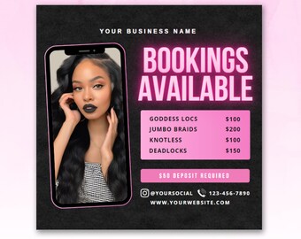 May include: A black and pink social media graphic advertises hair braiding services. The graphic features a photo of a woman with long black hair, and a price list for different styles, including Goddess Locs, Jumbo Braids, Knotless, and Deadlocks. The graphic also includes contact information and a website address.