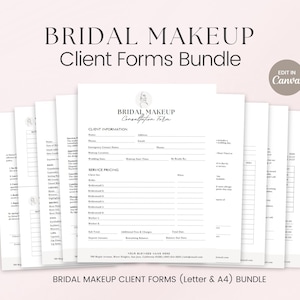May include: A set of printable bridal makeup client forms in a bundle. The forms include a consultation form, service pricing, and client information. The forms are designed to be edited in Canva.