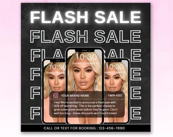 Könnte beinhalten: Eine schwarz-weiße Grafik mit dem Text "FLASH SALE", der mehrmals wiederholt wird. Die Grafik zeigt ein Smartphone-Bildschirm-Mockup mit einer Benachrichtigung, die lautet: "Hey! We're excited to announce a flash sale with 40% off everything. This is the perfect chance to grab some great deals before they're gone. Don't wait too long - these discounts won't last forever!" Der Text "CALL OR TEXT FOR BOOKING: 123-456-7890" befindet sich am unteren Rand der Grafik.