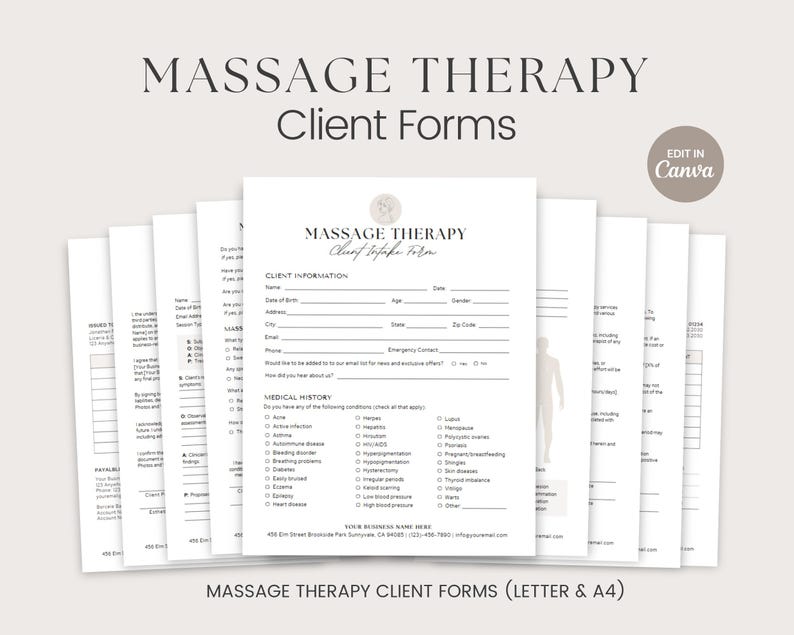 May include: A collection of white massage therapy client forms, featuring the text "MASSAGE THERAPY Client Forms". The forms include sections for client information and medical history. Available in Letter and A4 sizes.