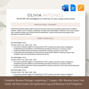 May include: A resume template with a beige background and a light green floral design. The template includes a professional summary, work experience, and contact information. The text "Complete Resume Package, comprising 1-3 pages, 100+ Resume Icons, User Guide, Job Hunt Guide, Job Application Log and Business Card Templates." is at the bottom of the page.