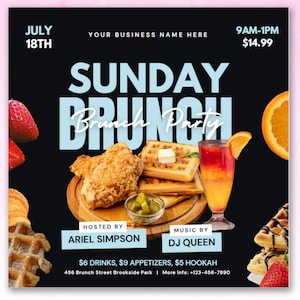 May include: A black and white flyer advertising a Sunday Brunch party on 18th July from 9am to 1pm for £14.99. The flyer features a variety of brunch foods, including waffles, fried chicken, and a mimosa. The event is hosted by Ariel Simpson and the music will be provided by DJ Queen. The flyer also includes the address and phone number for the event.