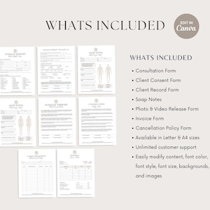 May include: A set of printable massage therapy forms, including consultation, consent, and record forms. The forms are in a minimalist design with a neutral colour palette. The text "WHATS INCLUDED" is at the top, with a list of included forms. Available in Letter and A4 sizes.