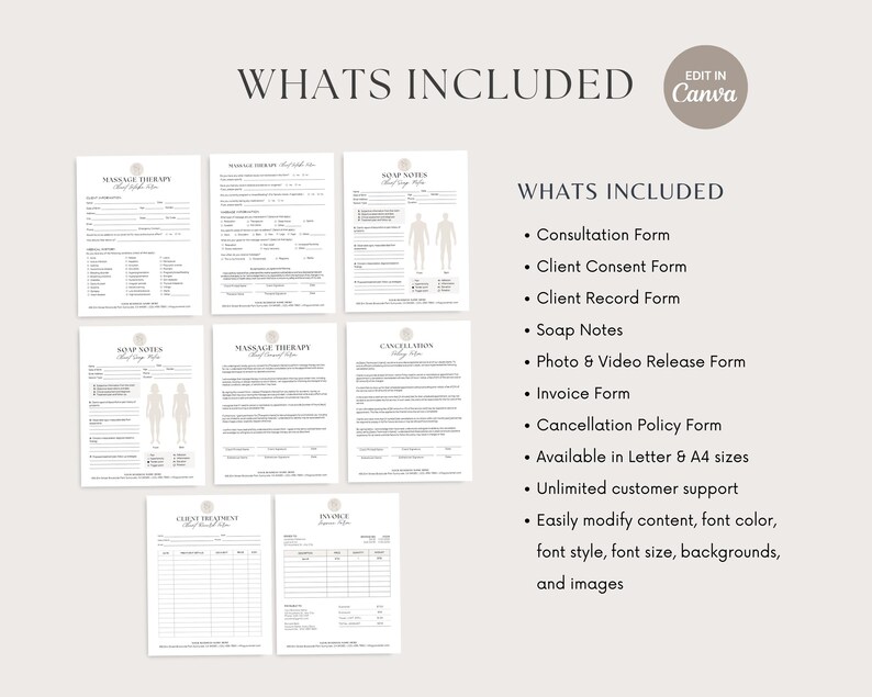 May include: A set of printable massage therapy forms, including consultation, consent, and record forms. The forms are in a minimalist design with a neutral colour palette. The text "WHATS INCLUDED" is at the top, with a list of included forms. Available in Letter and A4 sizes.