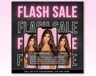 May include: A promotional graphic with the words "FLASH SALE" in pink and white. Three smartphone mockups display a woman's image and a message about a 40% off sale. The bottom of the graphic includes a phone number for booking.