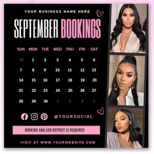 Bookings Flyer, Book Now Flyer, Appointment Flyer, September Sale Flyer, Beauty Hair Braids Nails Lashes MUA Wigs Install Boutique Flyer