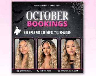 May include: A black and white graphic with a ghost and bats on a chalkboard background. The text reads "October Bookings are open and $50 deposit is required". There are three photos of women with long blonde hair. The text at the bottom of the graphic includes social media handles and a website address.
