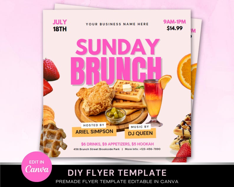 May include: A pink and white flyer advertising a Sunday brunch event. The flyer features the text "Sunday Brunch" in large pink letters. The flyer also includes the date "July 18th", the time "9am-1pm", the price "&pound;14.99", and the names of the host and DJ. The flyer also includes a variety of food and drink items, including waffles, fried chicken, and a mimosa.