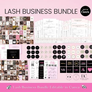 May include: A pink graphic with the text "LASH BUSINESS BUNDLE" and "Edit in Canva." The image includes business forms, certificates, price lists, logos, and social media templates for lash businesses. The words "Scan to pay" are also visible.