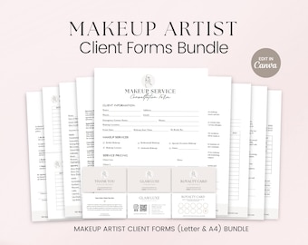 May include: A set of printable makeup artist client forms in a white and gray color scheme. The forms include a consultation form, service pricing, thank you card, glam luxe card, and a royalty card. The forms are designed to be edited in Canva.