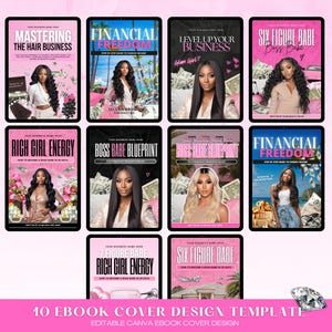 May include: A collection of ten ebook cover design templates on a pink background. The covers feature images of women and text such as "Mastering the Hair Business" and "Financial Freedom". The bottom of the image reads "10 Ebook Cover Design Template".