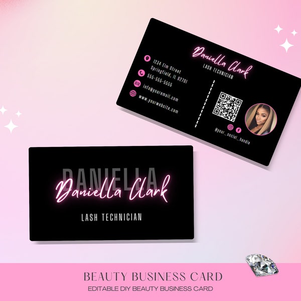 Editable Beauty Business Card Template Design, QR Code Card, Salon Business Card, DIY Canva Template, Lash Tech Business Card, Nails, Hair