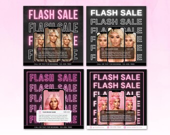Könnte beinhalten: Eine schwarze und rosafarbene Social-Media-Grafik mit dem Text "FLASH SALE" in pinken Neonbuchstaben. Die Grafik zeigt einen Screenshot eines Mobiltelefons mit einer Benachrichtigung, die besagt: "40% Rabatt auf alles. Dies ist die perfekte Gelegenheit, sich tolle Angebote zu sichern, bevor sie weg sind. Warten Sie nicht zu lange. Diese Rabatte werden nicht ewig dauern." Die Grafik enthält auch den Text "CALL OR TEXT FOR BOOKING: 123-456-7890".