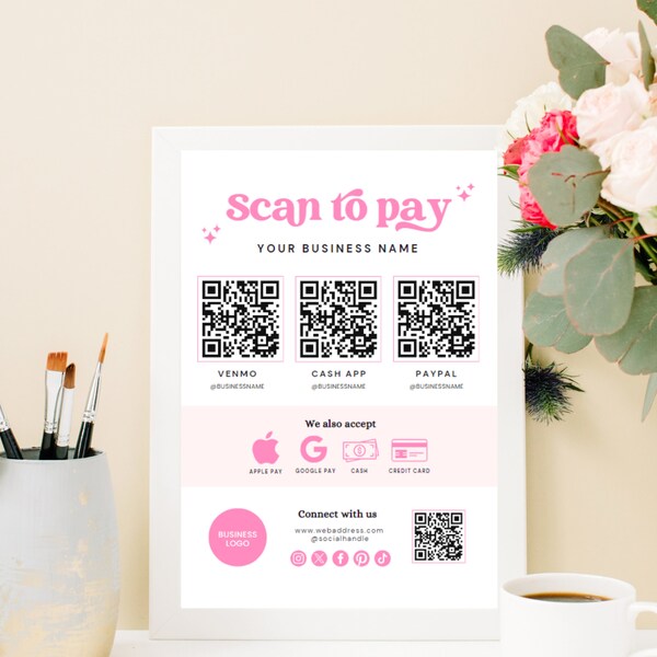 Editable Scan to Pay Sign QR Code Sign Template, Printable Payment Sign, Accepted Payments Sign, CashApp Venmo Sign Instant Download Canva