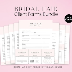Könnte beinhalten: Ein Set druckbarer Kundenunterlagen für Braut-Haarstyling im Bundle. Die Formulare beinhalten ein Beratungsformular, Preisgestaltung für Dienstleistungen, Dankeskarte, Glam-Luxe-Karte und Treuekarte. Die Formulare sind im minimalistischen Stil mit schwarzem Text auf weißem Hintergrund gestaltet.