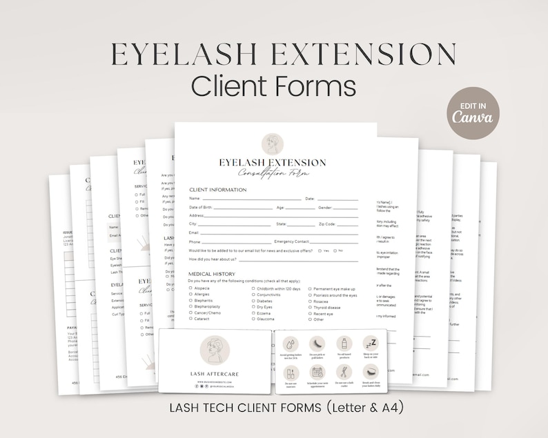 May include: A set of printable eyelash extension client forms in black and white. The forms include a consultation form, a medical history form, and a lash aftercare form. The forms are designed to be used by lash technicians to gather information from their clients.