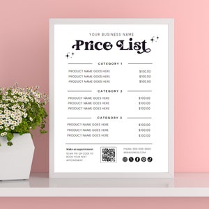 May include: A white framed sign with a black and white price list for a business. The sign has the text "Price List" in a retro font with stars. The price list is divided into three categories: Category 1, Category 2, and Category 3. Each category lists three products with a price of $100.00. The sign also includes contact information for the business, including a phone number, website address, and social media icons.