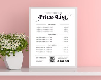 Szablon cennika DIY, edytowalny projekt cennika salonu kosmetycznego, do druku dla fryzjerów, peruk, warkoczyków, paznokci, rzęs i makijażu Kod QR MUA