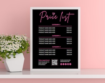 Szablon cennika DIY, edytowalny projekt cennika salonu kosmetycznego, do druku dla kosmetologów, peruk, warkoczyków, paznokci, rzęs i makijażu Kod QR MUA
