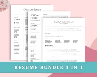 Puede incluir: Tres plantillas de currículum en blanco y negro con el texto "RESUME BUNDLE 3 IN 1" en la parte inferior.