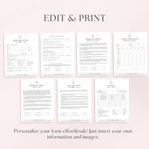 May include: A set of printable forms for a beauty salon or spa. The forms include information for body sculpting, body lifting, client treatment, invoice, cancellation, and a privacy and video release form.