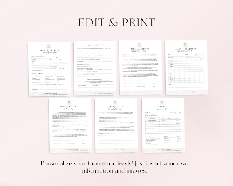 May include: A set of printable forms for a beauty salon or spa. The forms include information for body sculpting, body lifting, client treatment, invoice, cancellation, and a privacy and video release form.