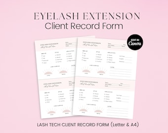 Lash-clientrecordformulieren, wimpertoewijzingsrecord, wimper digitale downloads, record wimperclient wimperkaarten, wimperextensie-clientrecord