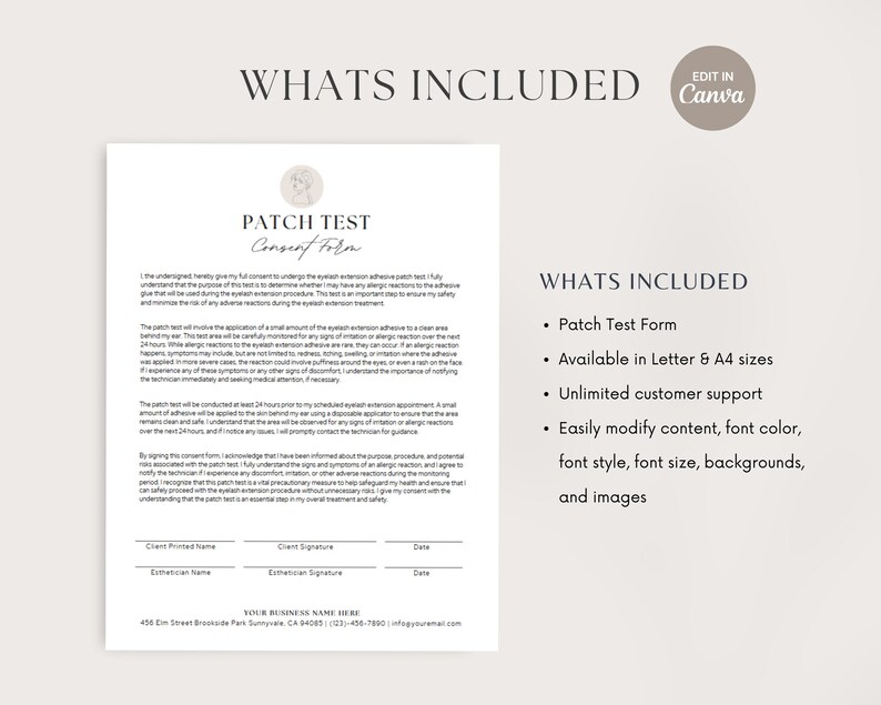 True Patch Collection Form Patch Test Form, Eyelash Extension Patch Test Form Template, Editable ...
