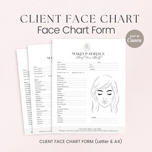Pode incluir: Um formulário de carta facial para clientes imprimível em preto e branco para maquiadores. O formulário inclui seções para informações do cliente, tipo de pele e preferências de maquiagem. Também apresenta um contorno de rosto em branco para desenhar looks de maquiagem.