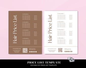 DIY Price List Template, Editable Beauty Salon Pricing Design, Printable for Estheticians, Wig Braids, Nail, Lash, and Makeup MUA QR Code