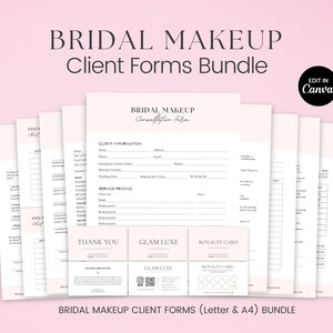 May include: A bundle of bridal makeup client forms in a soft pink color scheme. The forms include sections for client information, service pricing, and thank you cards. The text "BRIDAL MAKEUP Client Forms Bundle" is at the top.