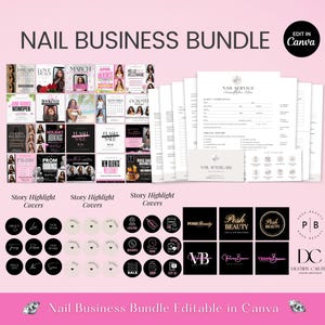 May include: A pink graphic featuring a "Nail Business Bundle" with editable Canva templates. Includes story highlight covers, business forms, and logo designs. The text "Edit in Canva" is also visible.