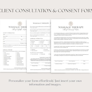 May include: Three-page client consultation and consent forms for massage therapy. The forms are printed on white paper with black text and a beige floral design. The text includes "Client Consultation & Consent Form" and "Massage Therapy". The forms are designed to be personalised.