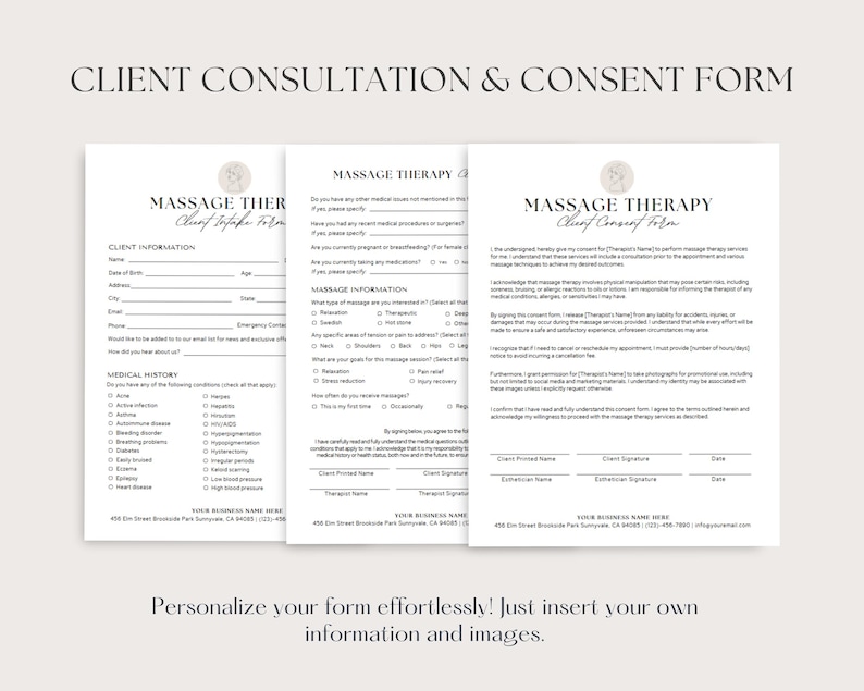 May include: Three-page client consultation and consent forms for massage therapy. The forms are printed on white paper with black text and a beige floral design. The text includes "Client Consultation & Consent Form" and "Massage Therapy". The forms are designed to be personalised.
