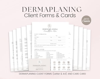 Formularios de dermaplaning, consulta facial, consentimiento para el cuidado de la piel, formulario de cuidado de la piel, plantilla de dermaplaning, formularios de esteticista, formulario de spa, tarjeta de cuidados posteriores